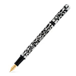 Henry Simpole Myrtle fountain pen on white background, silver filigree scrollwork over black enamel