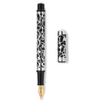Pen and cap laid side by side, silver filigree pattern shown on both