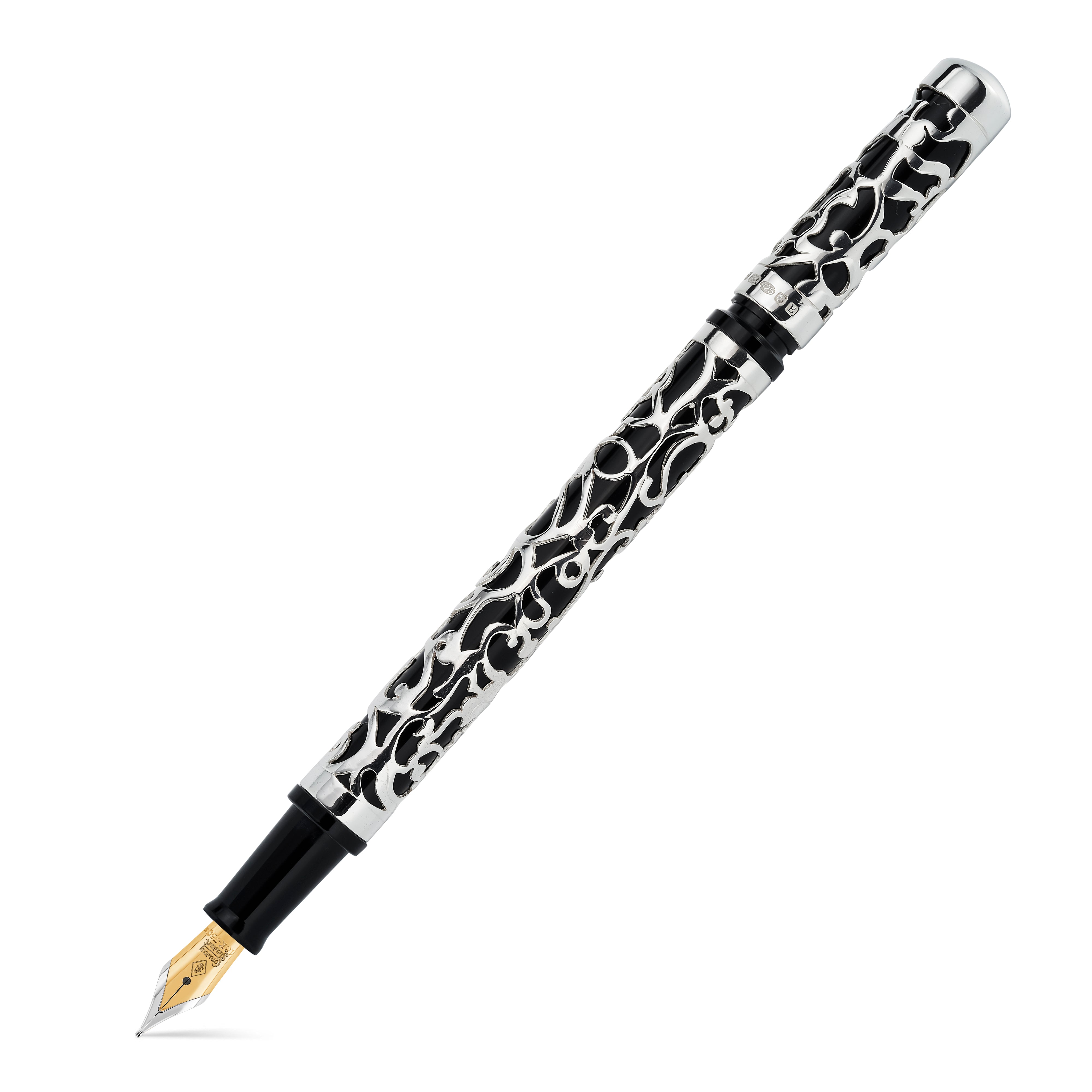 Henry Simpole Myrtle fountain pen uncapped on white background, silver filigree scrollwork over black enamel, two-tone 18ct gold nib