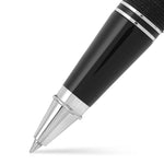 Close-up of the Churchill Wisteria rollerball tip and black grip section
